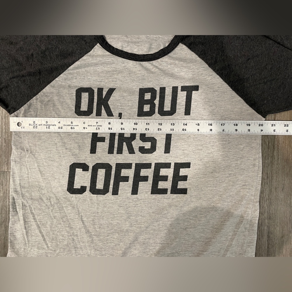 But First Coffee Graphic 3/4 Sleeve Light & Charcoal Gray Tee - Picture 4 of 6